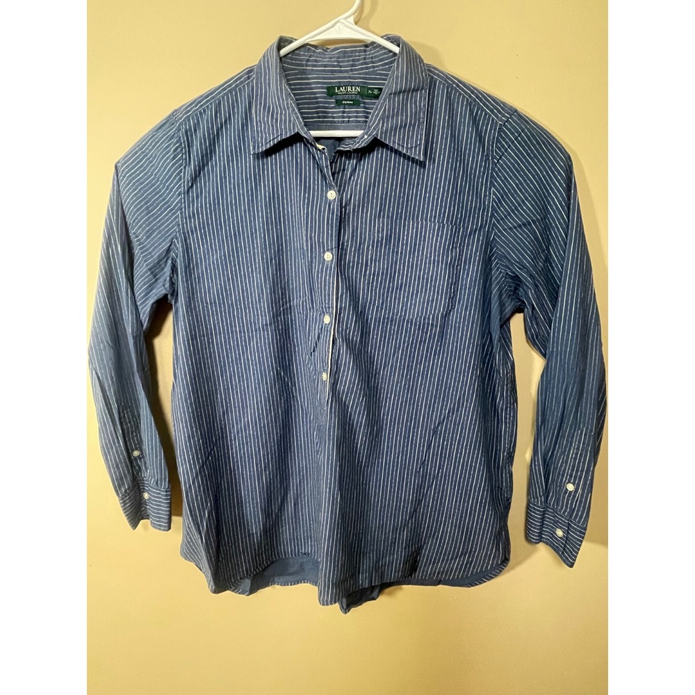 Lauren Ralph Lauren Button Down Women XL Blue Pinstripe Denim Cotton Shirt Top